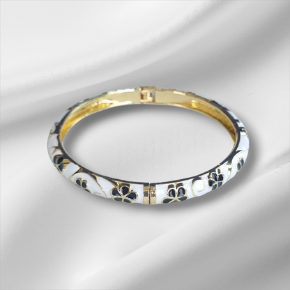 White Black Gold Floral Bangle Hinge Bracelet