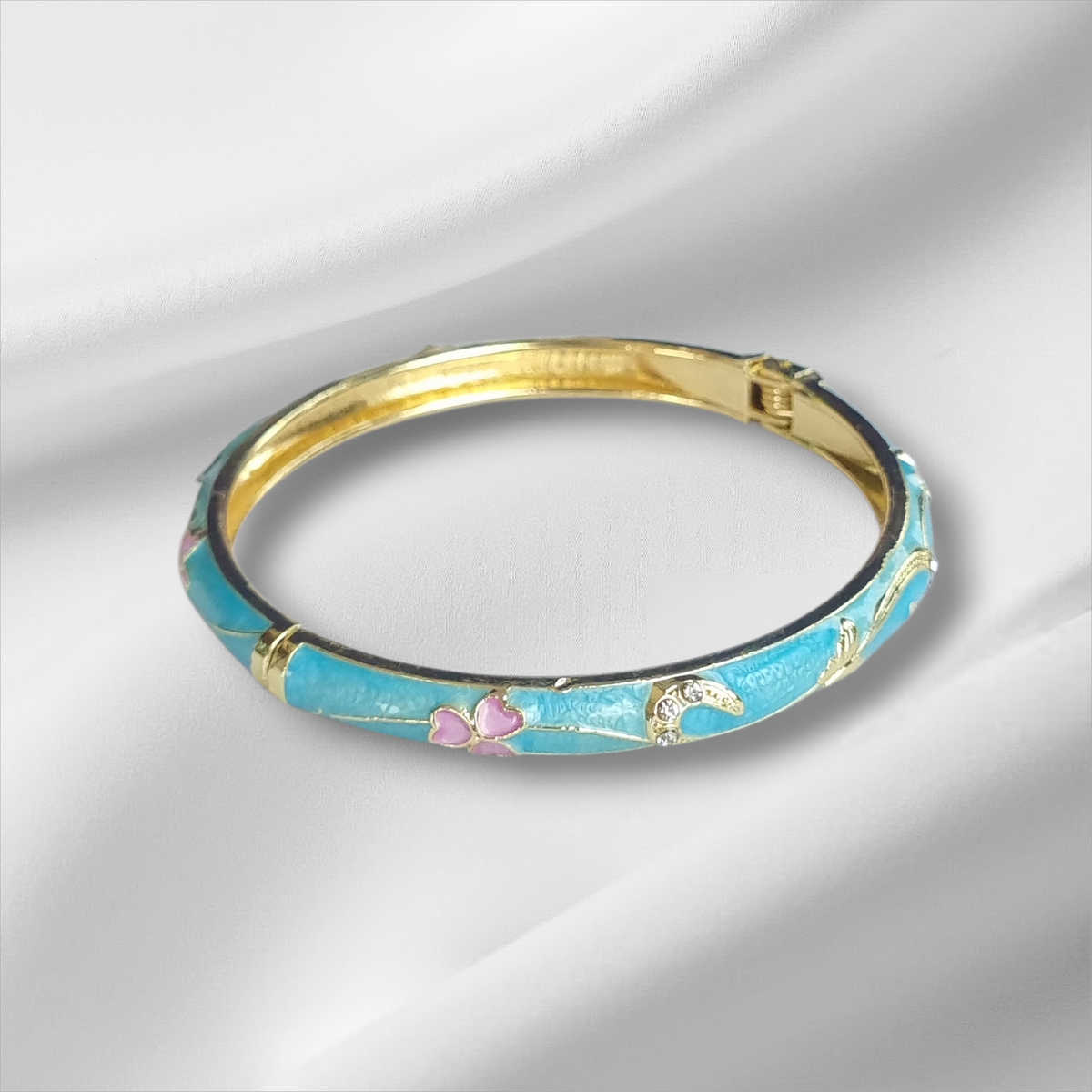 Aqua Blue Gold Floral Bangle Hinge Bracelet