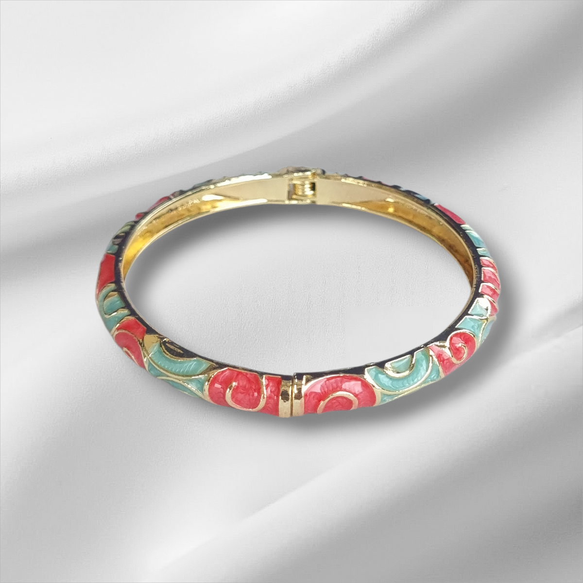 Red Turquoise Gold Rose Bangle Hinge Bracelet