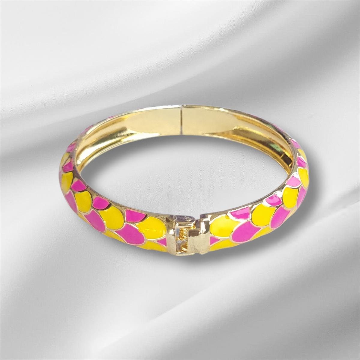 Pink Yellow Scale Enamel Bangle Hinge Bracelet
