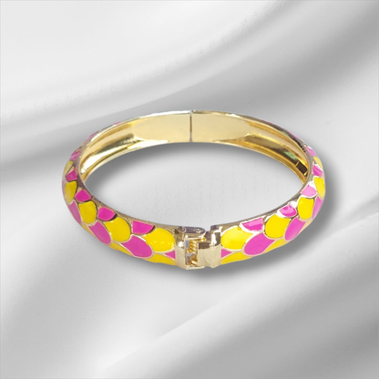 Pink Yellow Scale Enamel Bangle Hinge Bracelet