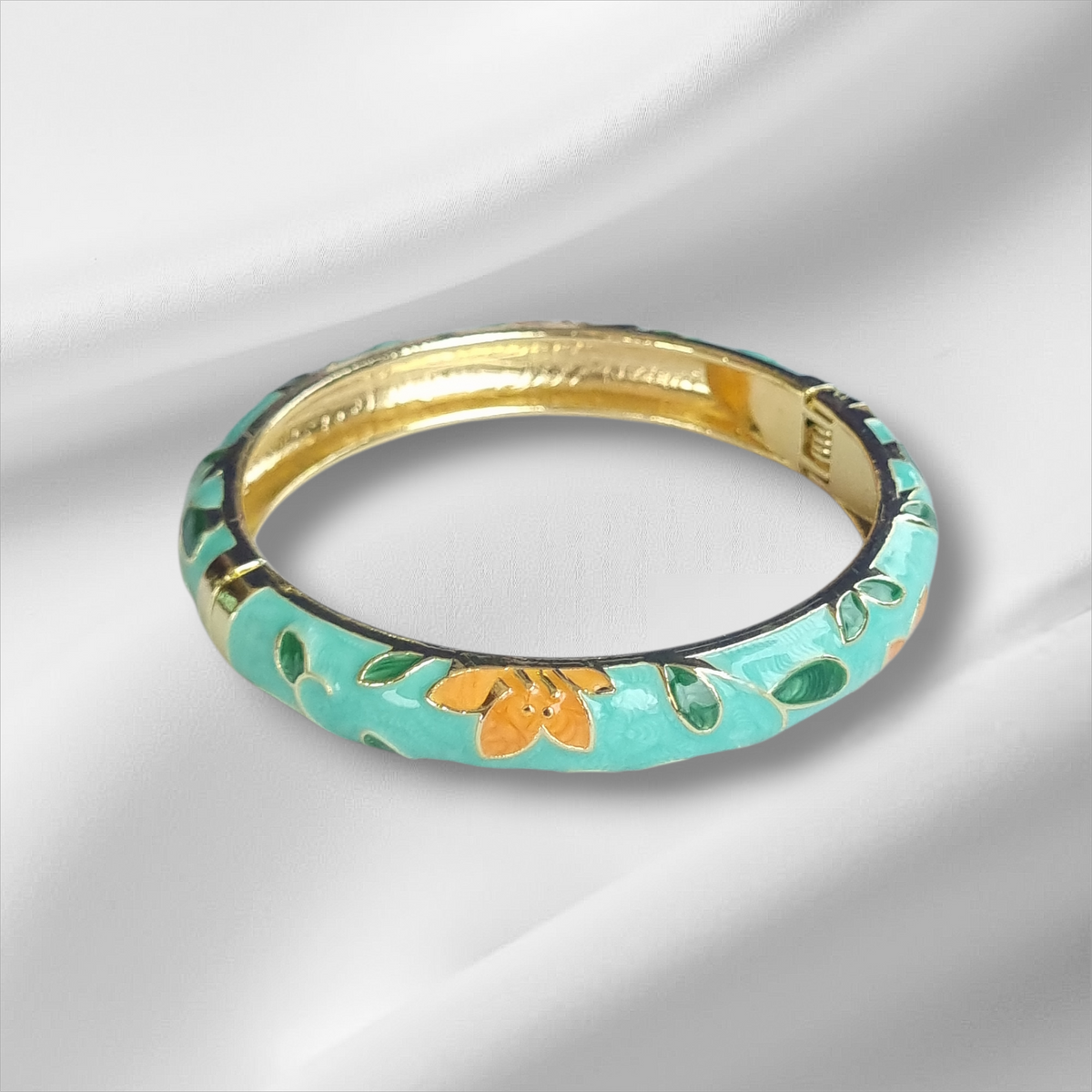 Teal Enamel Gold Floral Bangle Hinge Bracelet