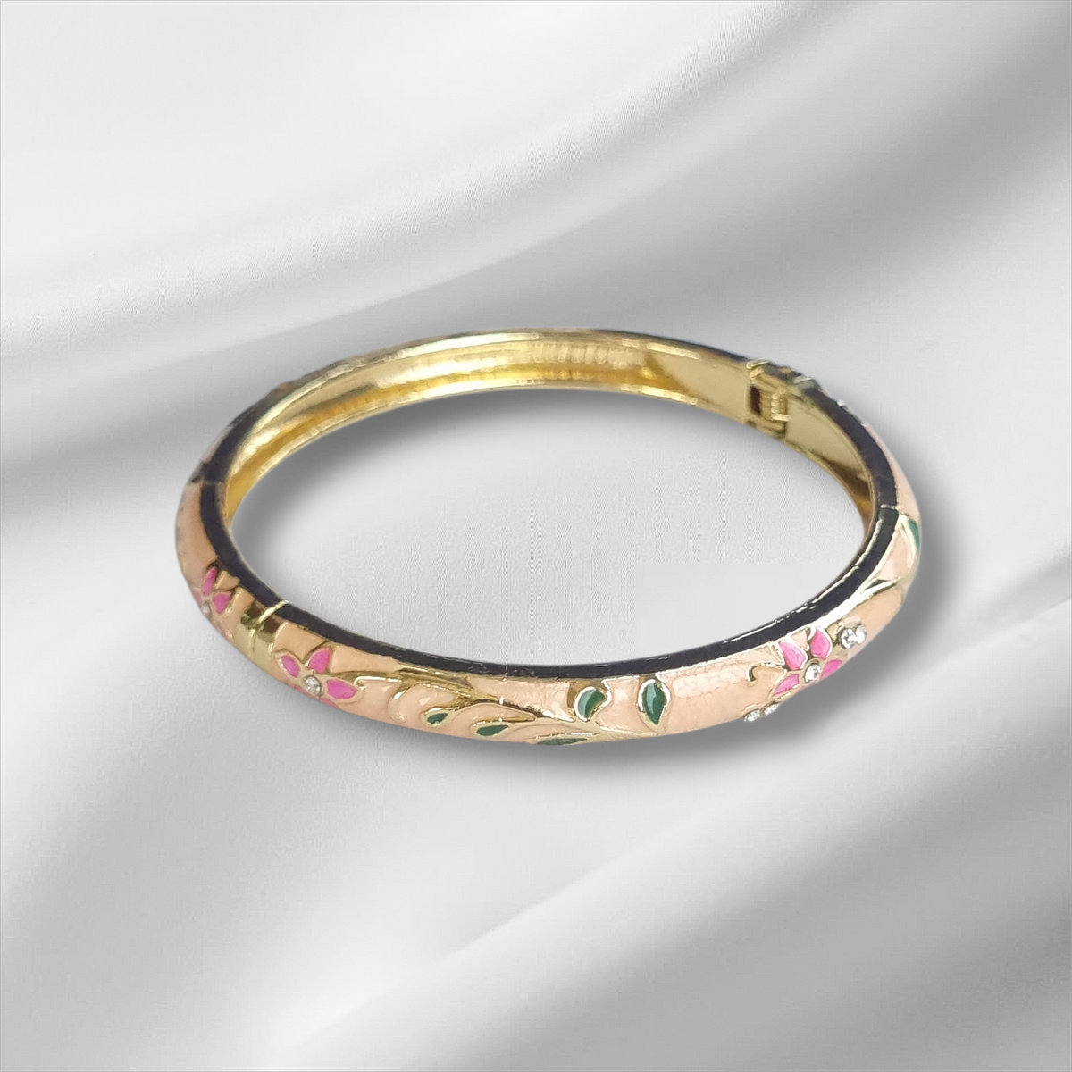 Peach Pink Floral Enamel Bangle Hinge Bracelet