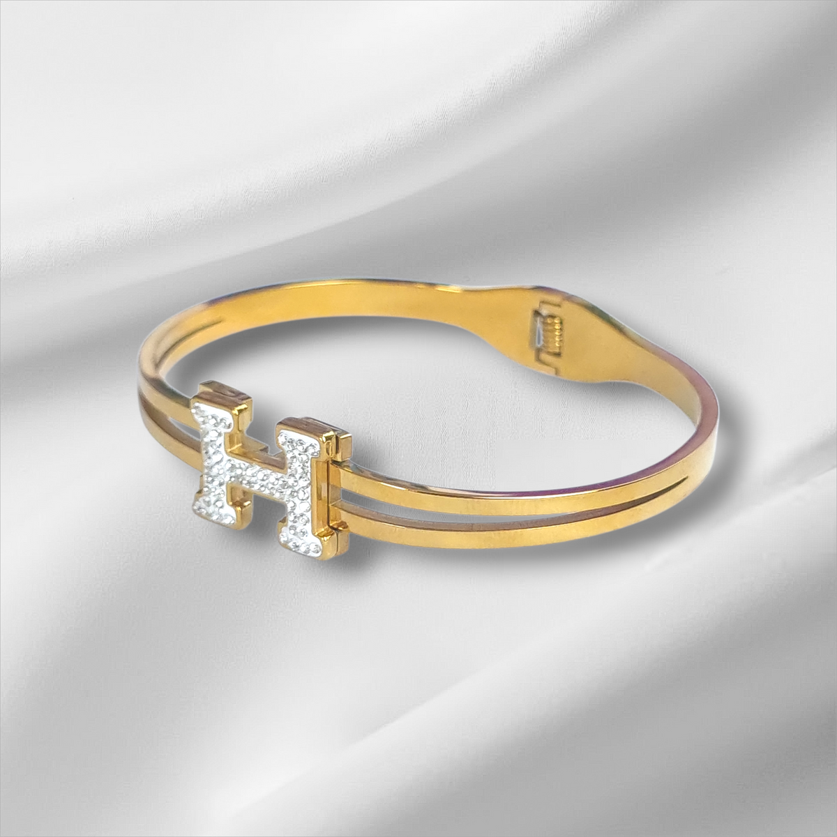 Crystal Initial H Gold Bangle Hinge Bracelet
