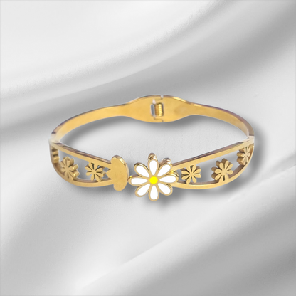 Gold Daisy Flower Enamel Bangle Hinge Bracelet