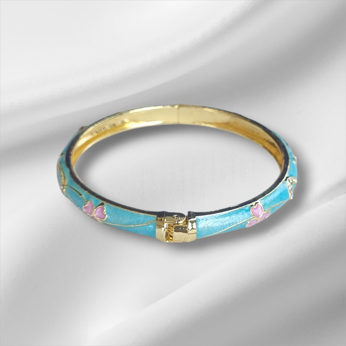 Aqua Blue Gold Floral Bangle Hinge Bracelet
