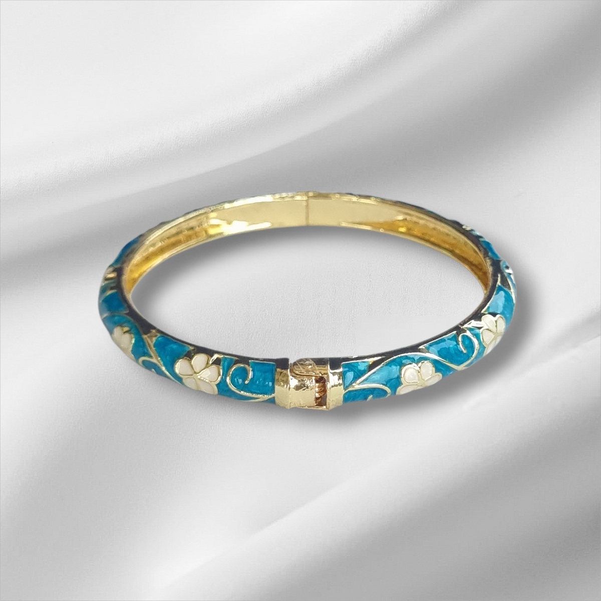 Blue Flower Gold Enamel Bangle Hinge Bracelet