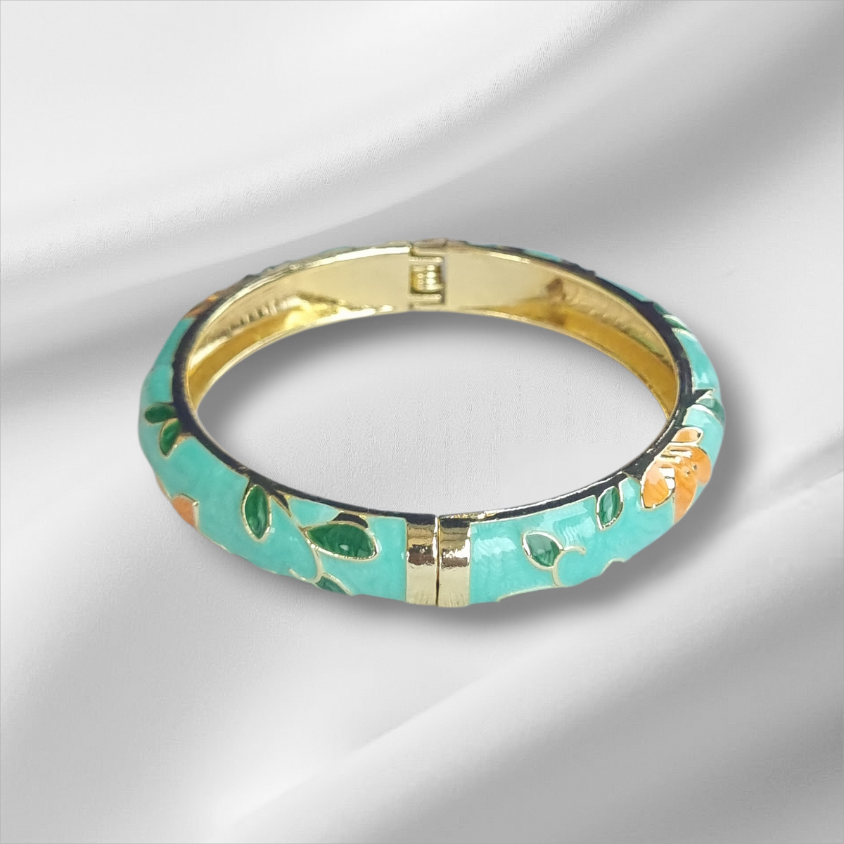 Teal Enamel Gold Floral Bangle Hinge Bracelet