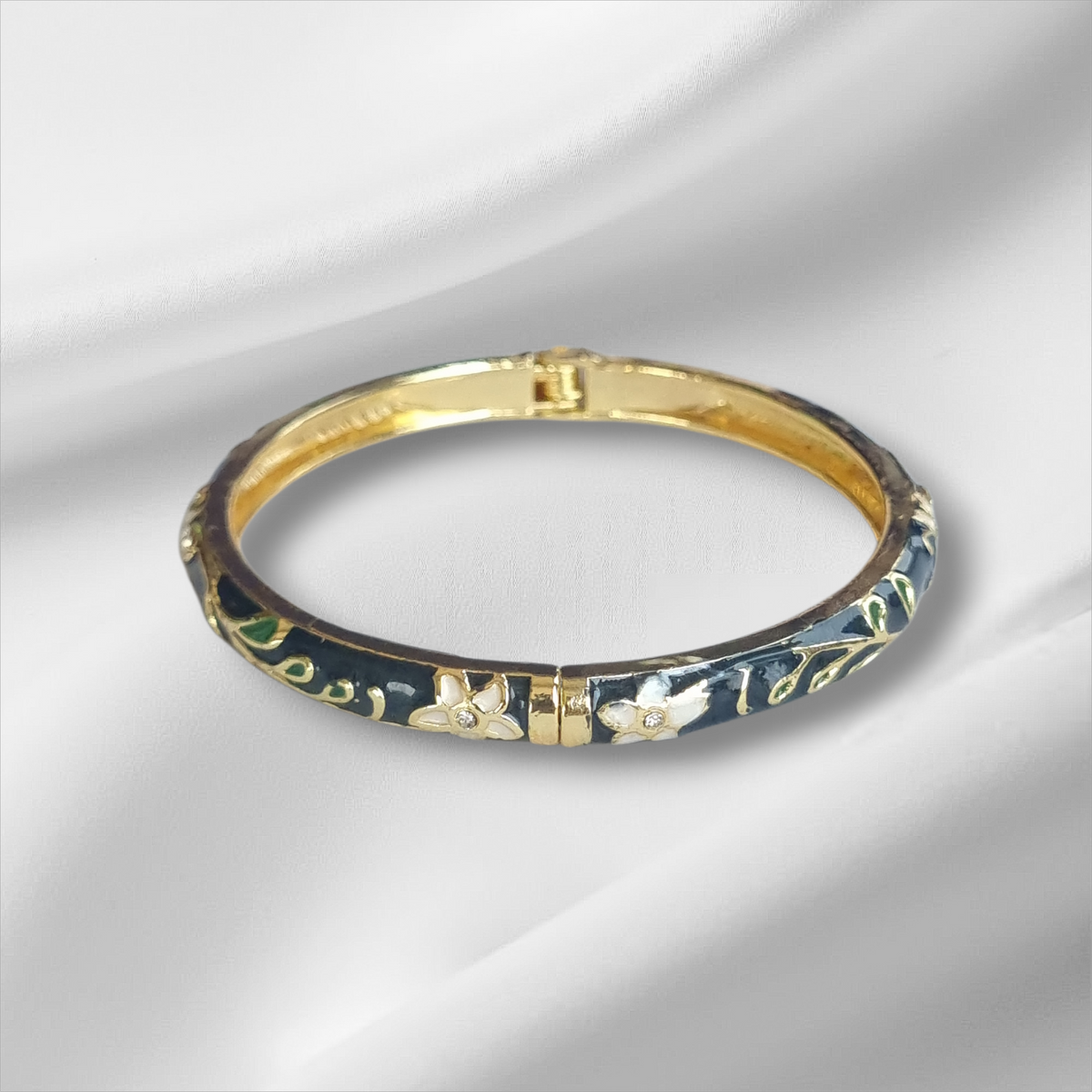 Navy Blue Gold Floral Bangle Hinge Bracelet