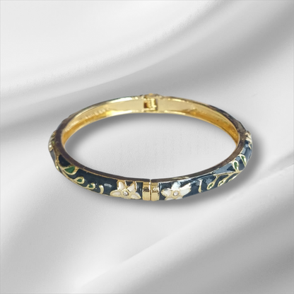 Navy Blue Gold Floral Bangle Hinge Bracelet