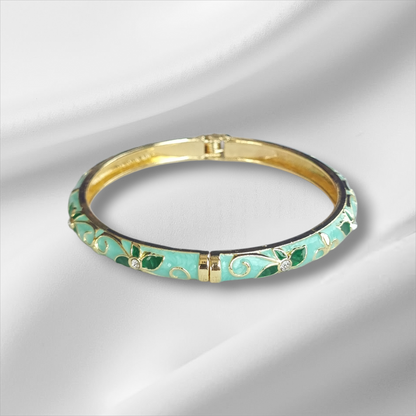 Mint Enamel Gold Floral Bangle Hinge Bracelet