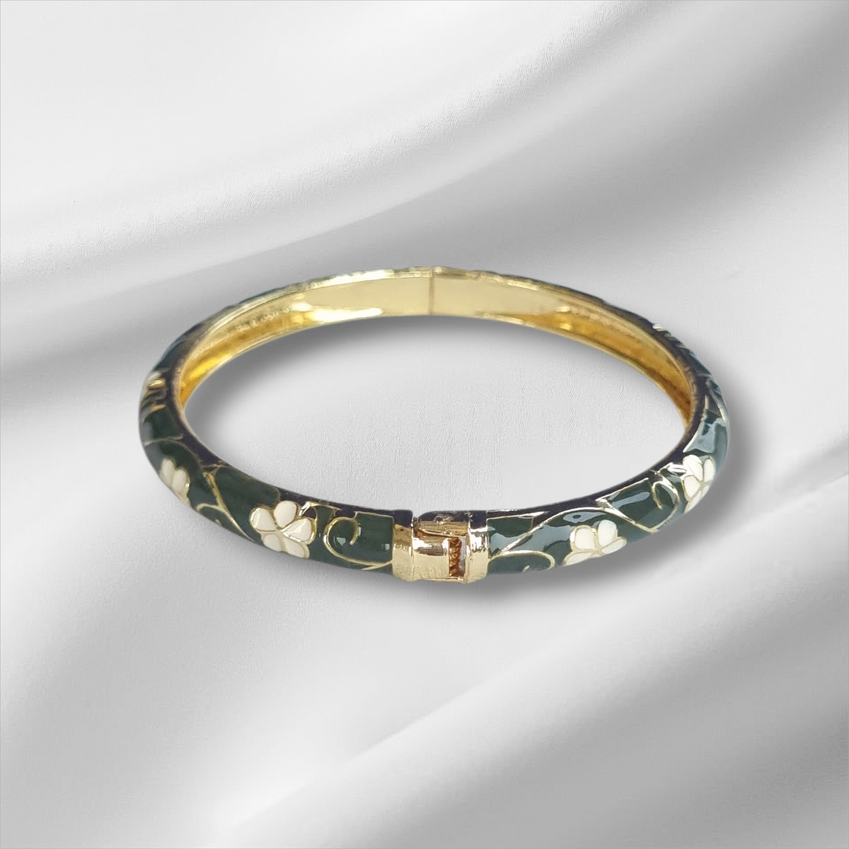Hunter Green Flower Gold Enamel Bangle Hinge