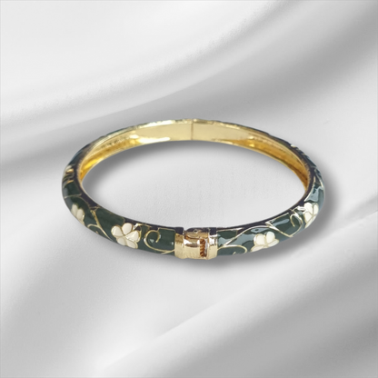 Hunter Green Flower Gold Enamel Bangle Hinge