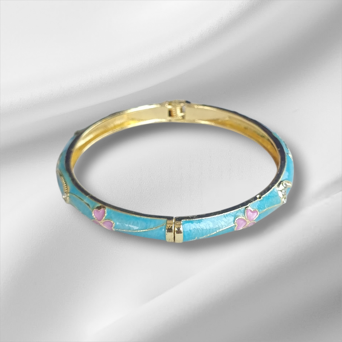 Aqua Blue Gold Floral Bangle Hinge Bracelet