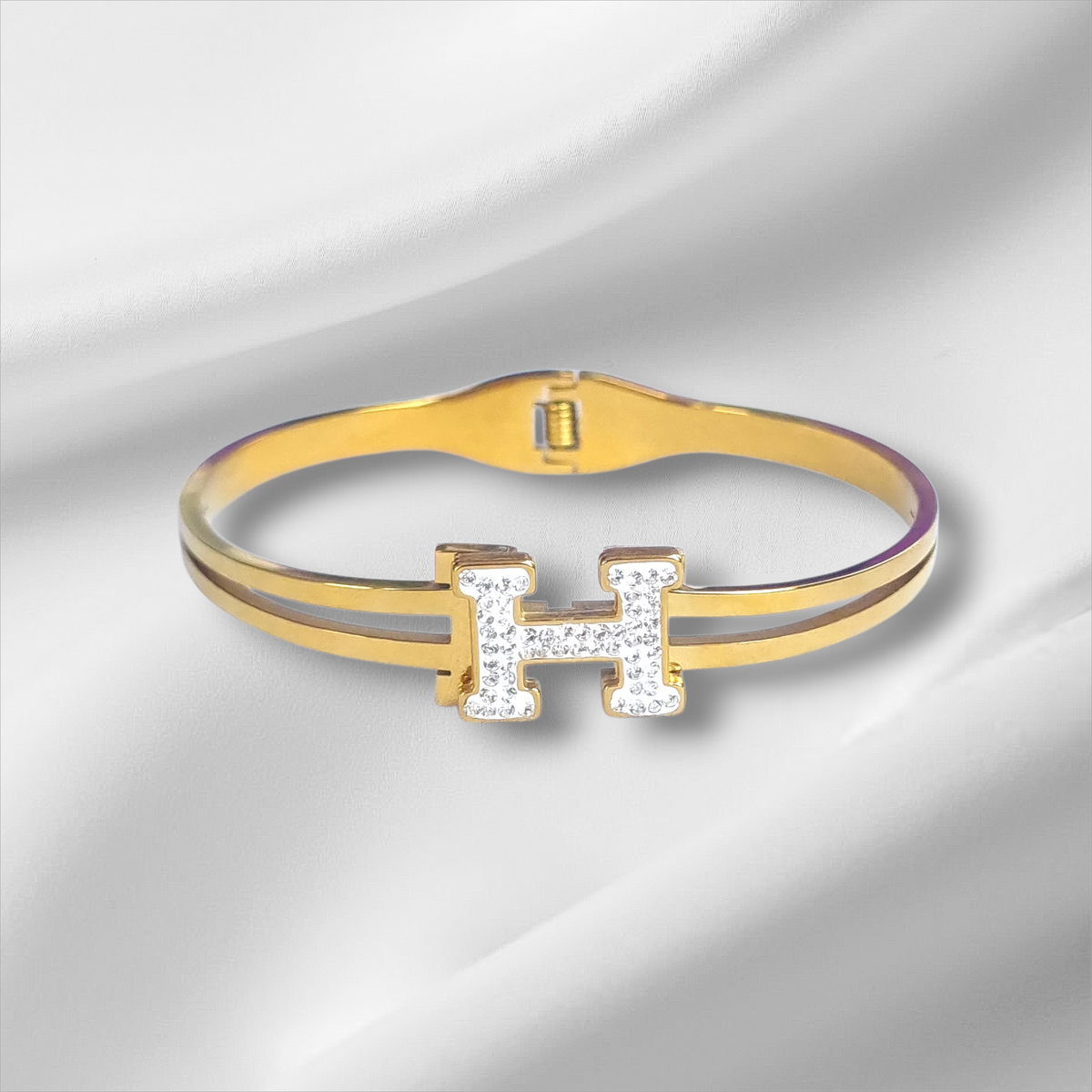 Crystal Initial H Gold Bangle Hinge Bracelet