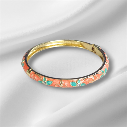 Peach Turquoise Enamel Flower Bangle Hinge Bracelet