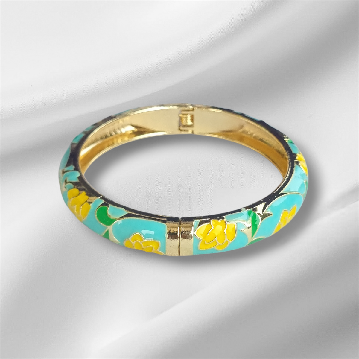 Turquoise Yellow Gold Floral Bangle Hinge Bracelet