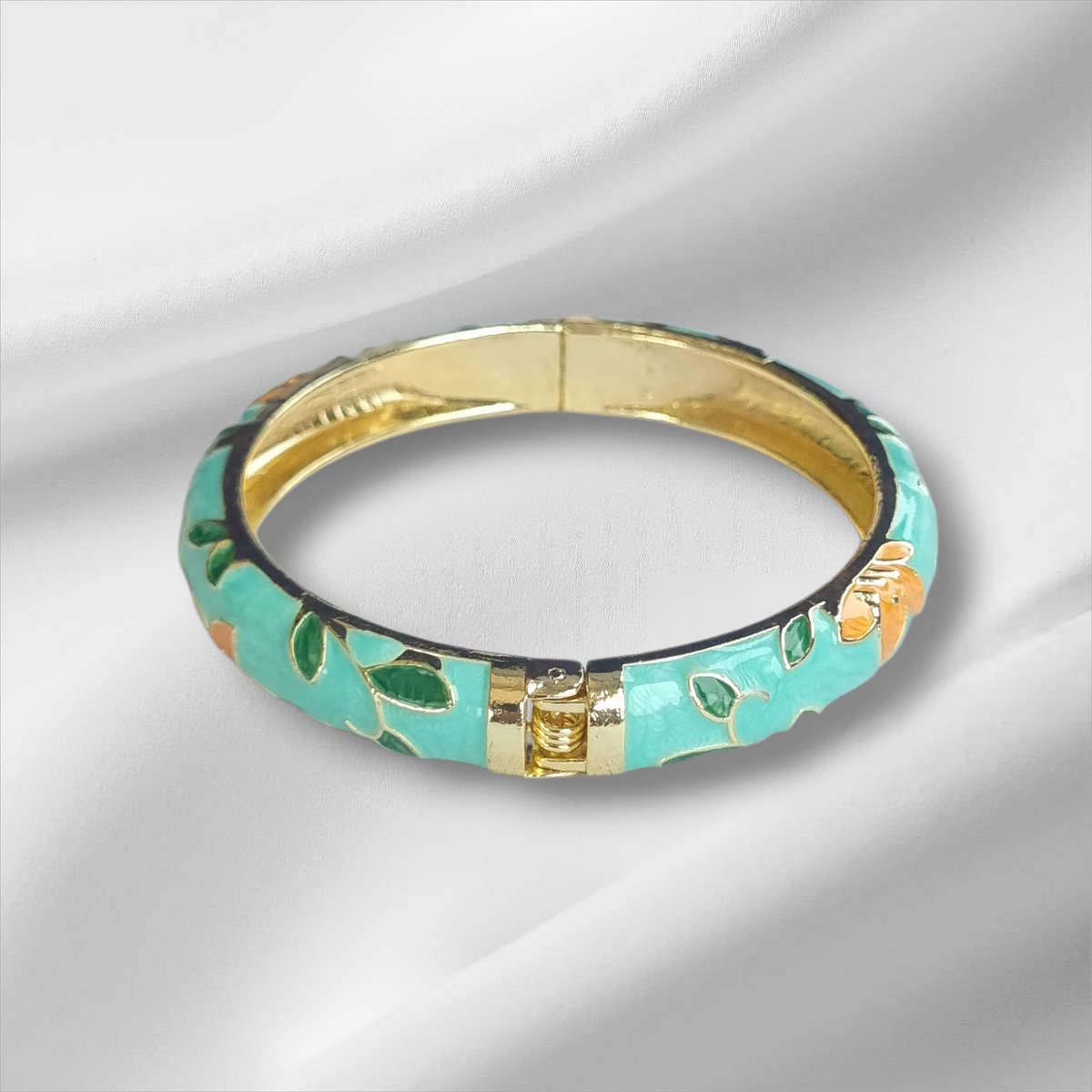 Teal Enamel Gold Floral Bangle Hinge Bracelet