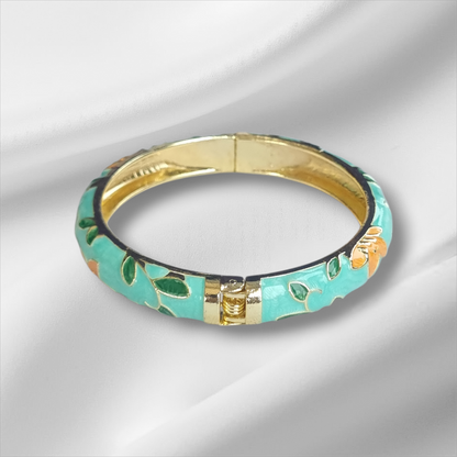Teal Enamel Gold Floral Bangle Hinge Bracelet