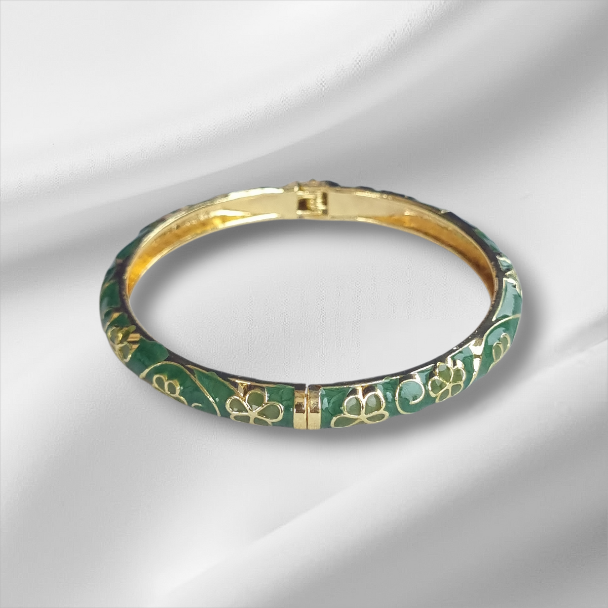 Green Shamrock Gold Enamel Bangle Hinge Bracelet
