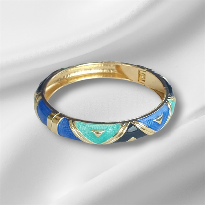 Blue Green Gold Chevron Bangle Hinge Bracelet