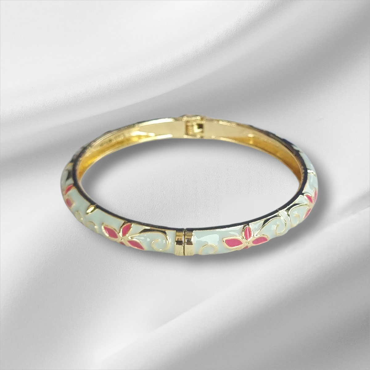 Mint Green Gold Floral Bangle Hinge Bracelet