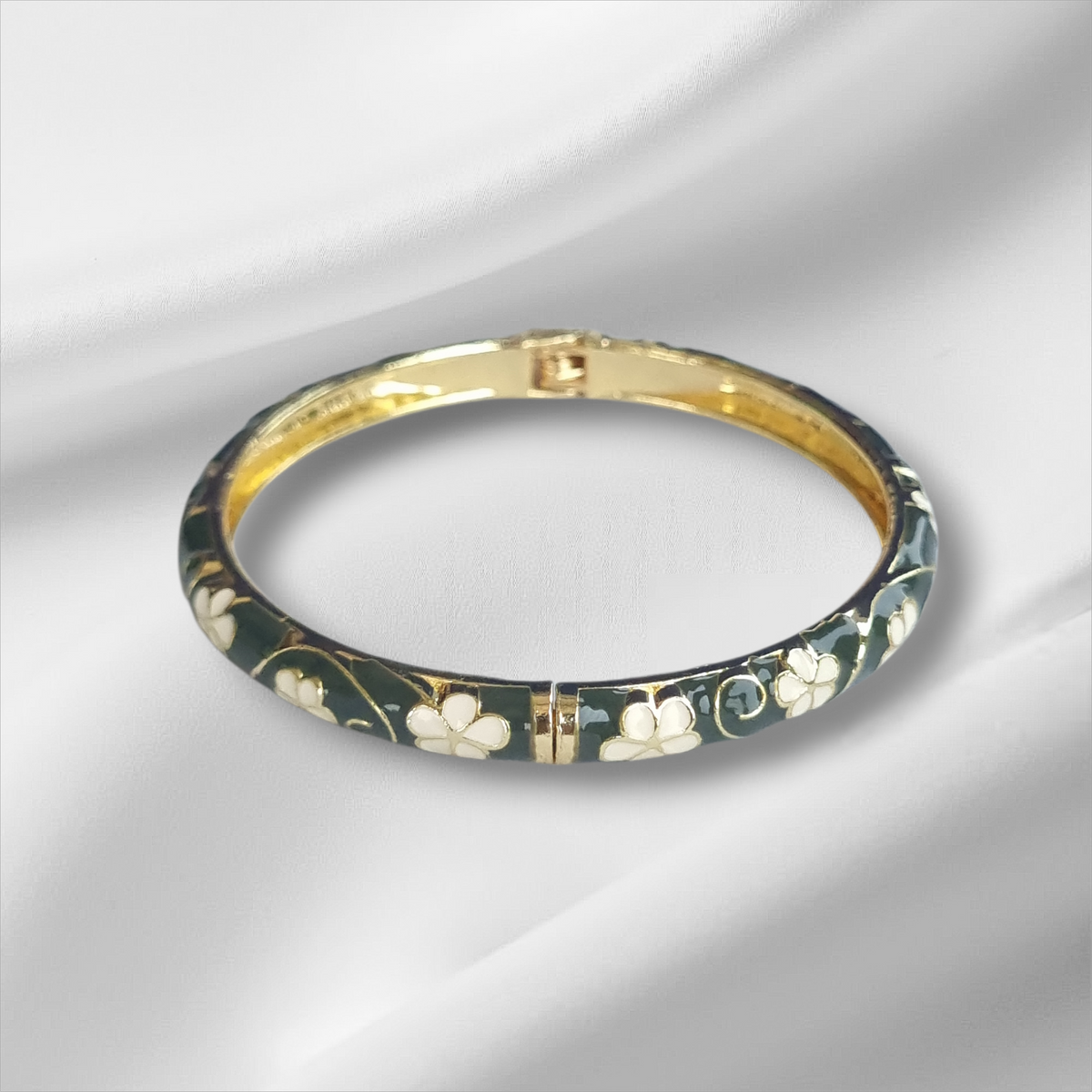Hunter Green Flower Gold Enamel Bangle Hinge