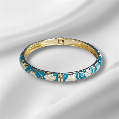 Blue Flower Gold Enamel Bangle Hinge Bracelet